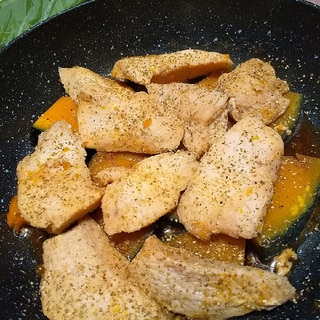 鶏むねの味醂醤油漬けと南瓜の甘辛蒸し焼き
